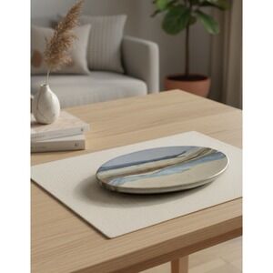 Vintage Pottery Hot Plate Hand Painted Trivet Table Decor Blue Glaze 70's Retro